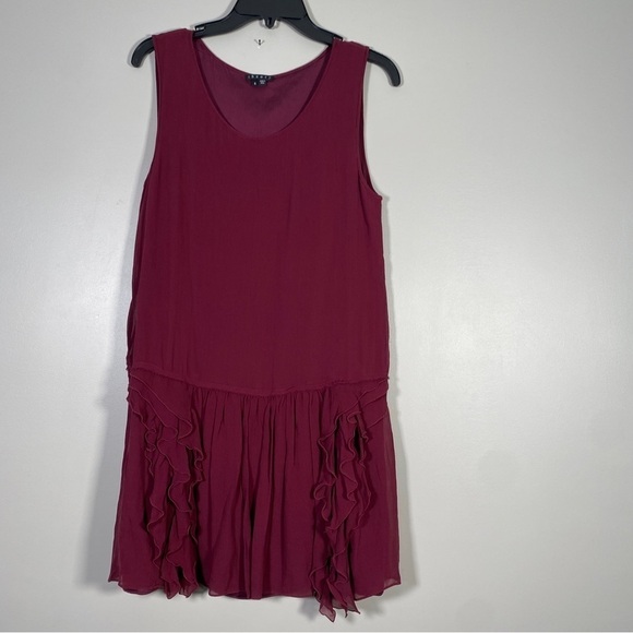 Theory Rinoe Georgette Silk Bordeau Ruffle Drop Waist Sleeveless Dress 8 - Picture 5 of 8